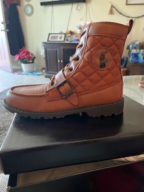 Ralph Lauren Quilted Leather Lace-Up Combat Boot in Cognac